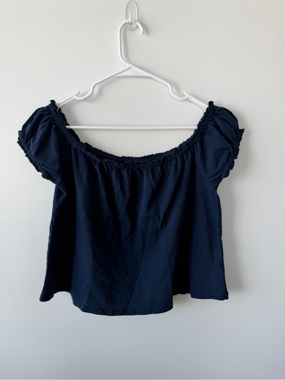 American Eagle Navy Smocked Puff Sleeve Peasant Top Off Shoulder XS